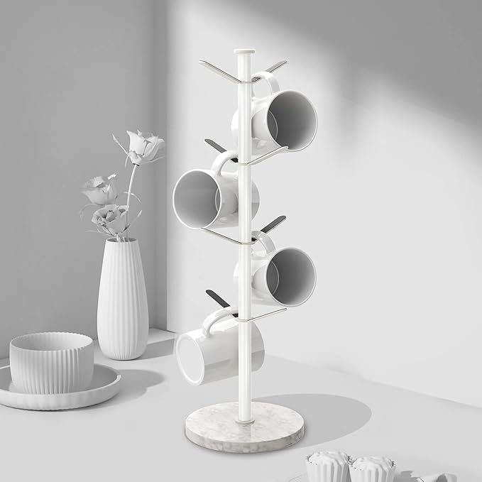 Mug Holder Tree with Marble Base, 8 Hooks White Coffee Cups Holder Stand, New Upgrad Stable Removable Mug Rack for Kitchen Cafe