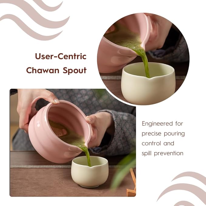 Matcha Whisk Set - Ceramic Bowl, Bamboo Whisk with Holder, Storage Canister, Sifter, Schima Spoon with Rest, Tea Towel - 8 Pcs Complete Kit for Traditional Matcha and Modern Lattes (Pink)