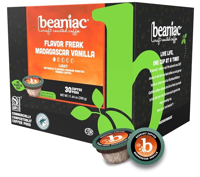 beaniac Flavor Freak Madagascar Vanilla, Flavored Light Roast, Single Serve Compostable K Cup Coffee Pods, Arabica Coffee with Natural Flavors, Keurig Brewer Compatible, 30 Count