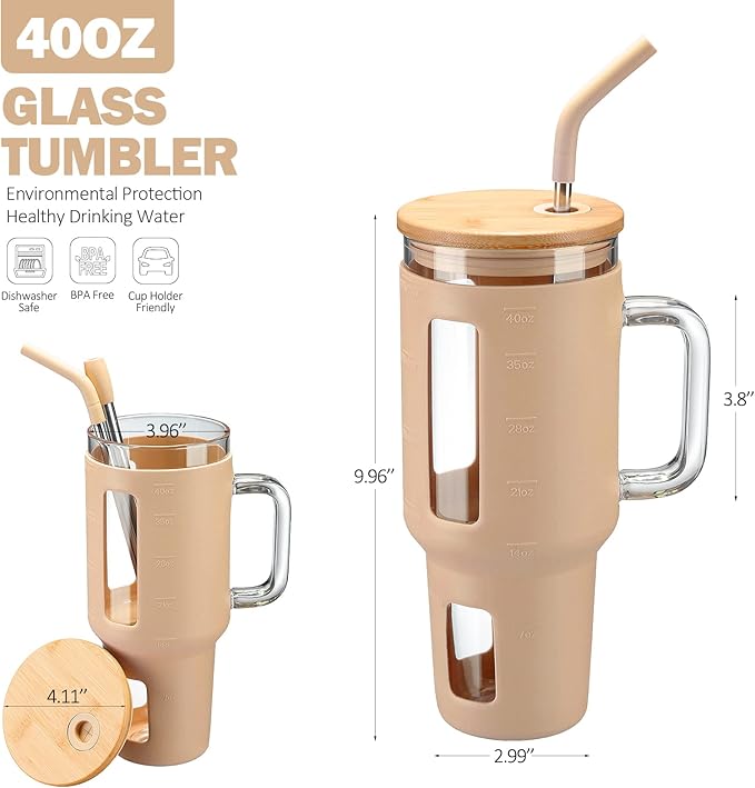 Kodrine 40 oz Glass Tumbler with Handle, Iced Coffee Tumbler with Straw and Bamboo Lid, Glass Drinking Cup with Silicone Sleeve Time Marker, Water Bottle Dishwasher Safe, Cup Holder Friendly, Amber