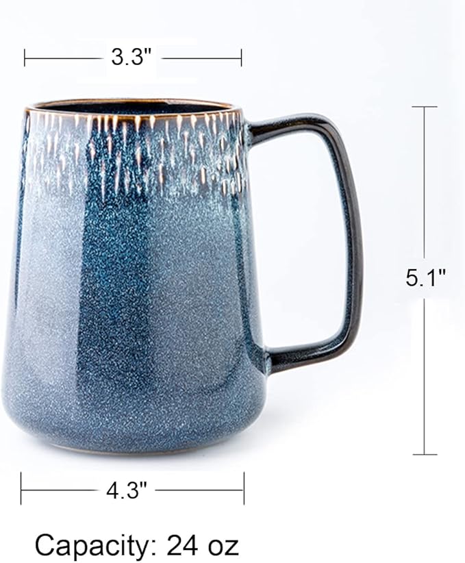 Large Ceramic Coffee Mug, 24 oz Big Tea Cup with Large Handle, Vintage Coffee Cup for Office and Home, Dishwasher and Microwave Safe, Blue
