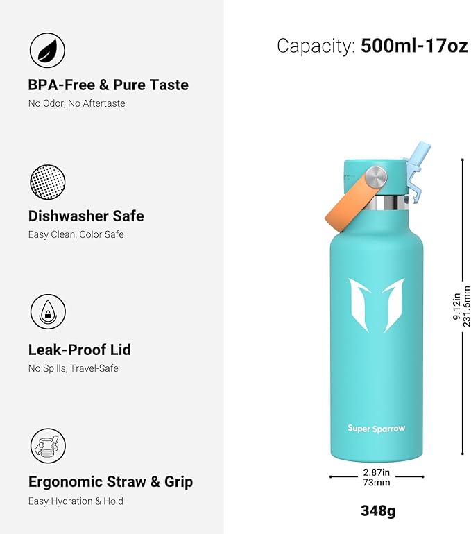 Super Sparrow Insulated Water Bottle - 17 Oz / 25 Oz / 32 Oz - Standard Mouth FlipFlow Flask - BPA Free, Leak Proof Drink Bottle- Ergonomic Straw Water Bottles for Work, Gym, Travel, Sports