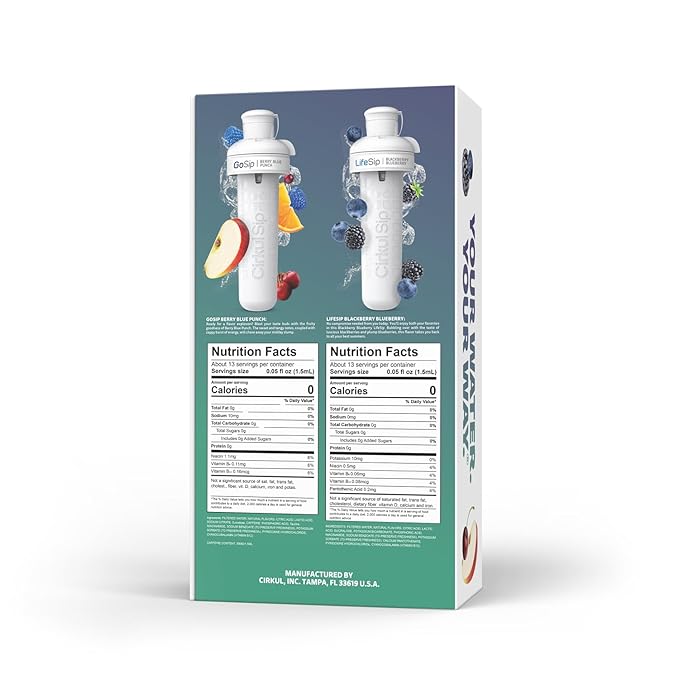 Cirkul 32oz. Chameleon Stainless Steel Water Bottle Starter Kit with Green Lid, 2 Flavor Cartridges (1 LifeSip Blackberry Blueberry, 1 GoSip Berry Blue Punch) No Sugar, Zero Calorie Drink Mix