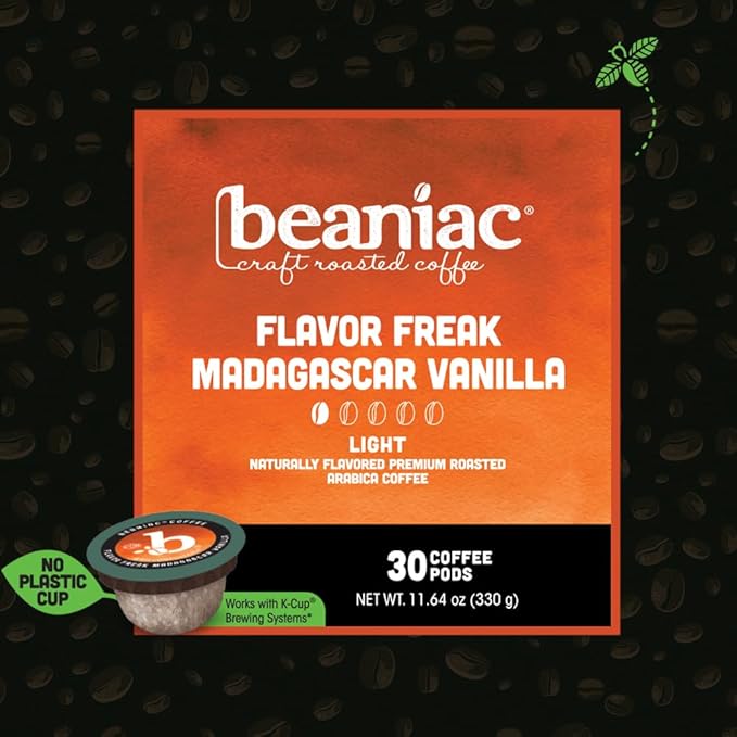 beaniac Flavor Freak Madagascar Vanilla, Flavored Light Roast, Single Serve Compostable K Cup Coffee Pods, Arabica Coffee with Natural Flavors, Keurig Brewer Compatible, 30 Count