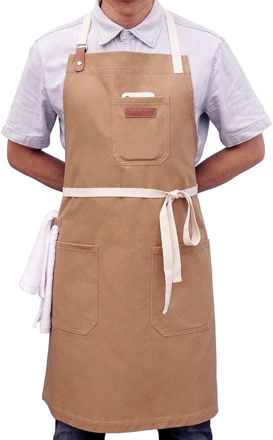 Kitchen Apron, Mens Womens Professional Chef Bib Apron for Cooking Grill BBQ, Cotton with Pockets Towel Loop and Adjustable Neck Straps