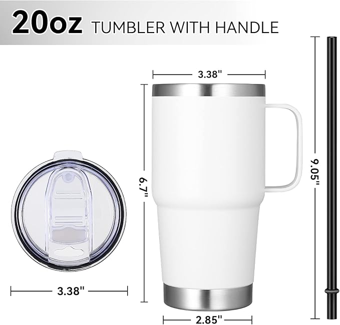 VEGOND 20 oz Tumbler Bulk with Handle Lid and Straw, Stainless Steel Insulated Travel Coffee Mug Set, Spill Proof Double Wall Metal Tumblers Cups, New White 12 Pack
