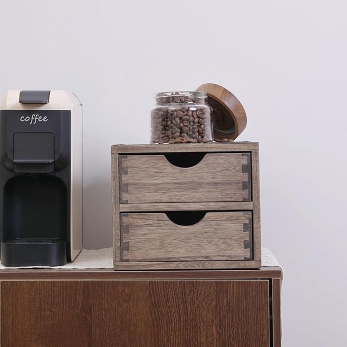 Drawer Organizer Coffee Pod Holder - Kitchen Cutlery Storage Accessories/ K-Cup Drawers with Detachable Wooden Partition - Coffee Capsules Organization Counter - Wood desktop Small Cabinets
