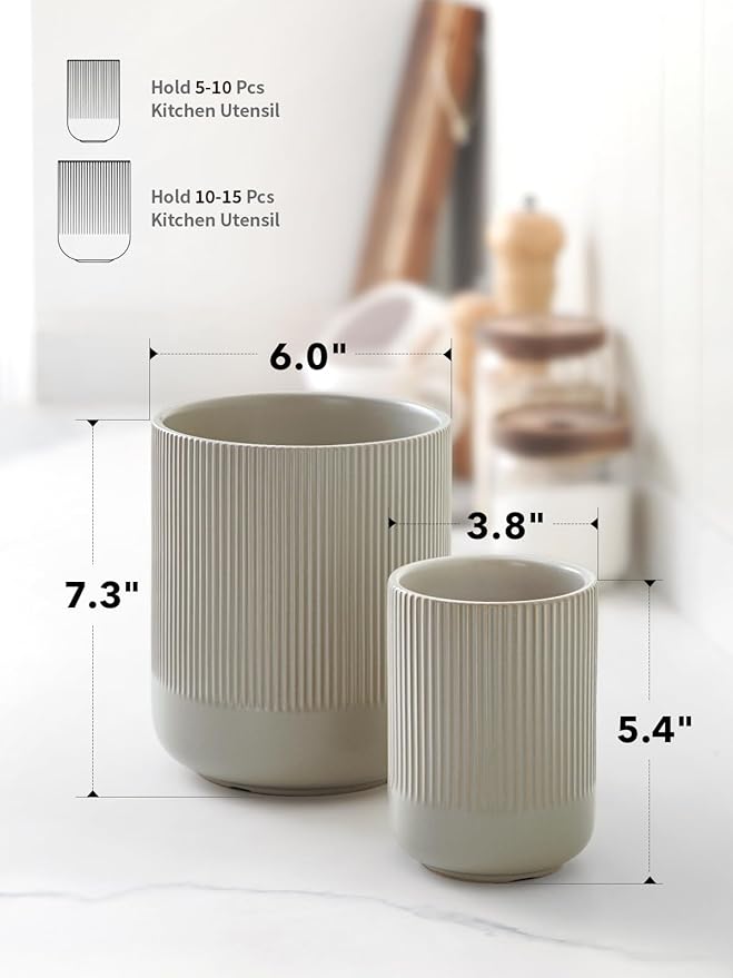 LE TAUCI Utensil Holder, 7.3"+5.4" Ceramic Kitchen Utensil Holder for Countertop, Large Cooking Utensil Crocks for Kitchen Counter, Morden Utensil Organizer for Spatula, Set of 2, Oatmeal Greige