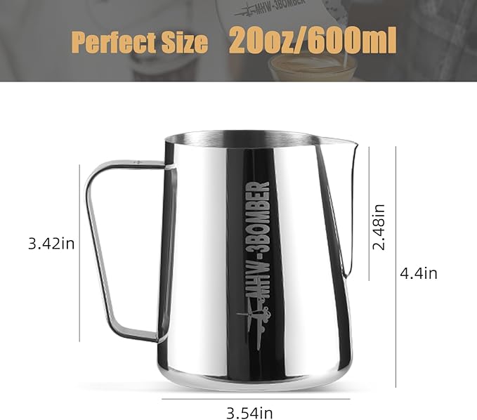 MHW-3BOMBER Milk Frothing Pitcher, 20oz/600ml Milk Frother Cup for Barista, SUS304 Stainless Steel Espresso Steaming Pitchers for Milk/Coffee/Latte Art, P3004S-OS