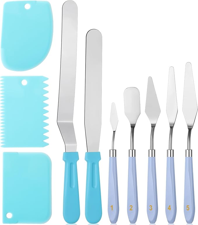 10 Pcs cake spatula set Decorating Kit Baking Supply Accessories Tools for Beginners and Pros Includes 2 Frosting Straight Angled Spatula 3 Icing Smoother Scrapers 5 Pieces Cream tools(Blue)