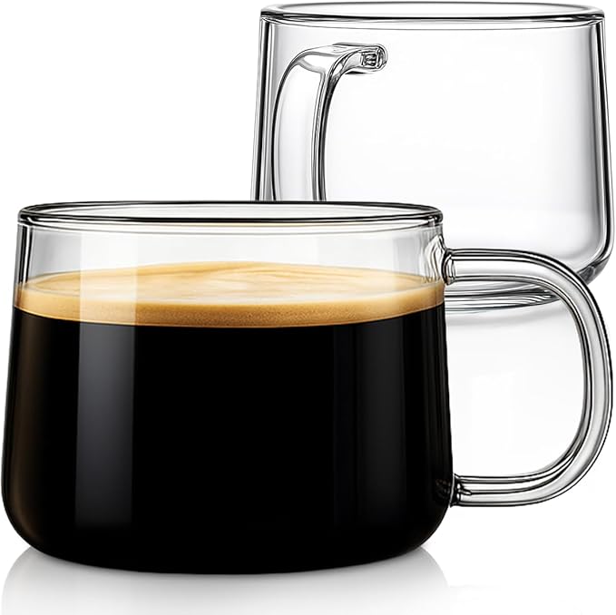 Aquach 16 oz Glass Coffee Mugs with Handle Set of 2 - Large Clear Glass Cups for Latte, Cappuccino, and Tea
