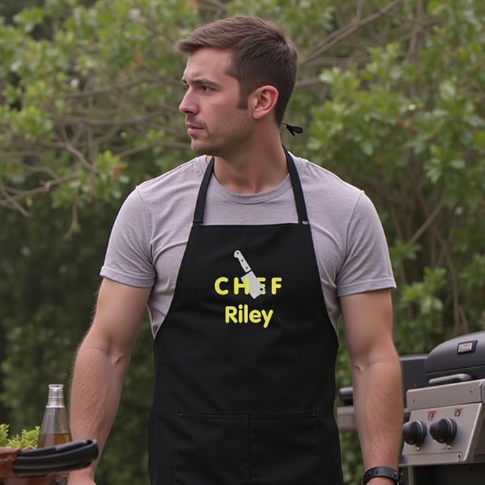 Personalized Chef Apron for Men, Custom Embroidered Design, Professional Kitchen Cooking BBQ Grilling for Dad, Decorated in USA