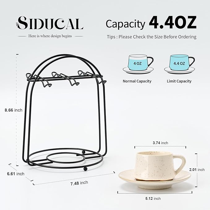 SIDUCAL Stackable Cappuccino Cup Set of 6 [4 oz] Ceramic Coffee Cups with Saucers and Cup Holder,Microwave/Dishwasher Safe,Espresso Demitasse Cups(White)
