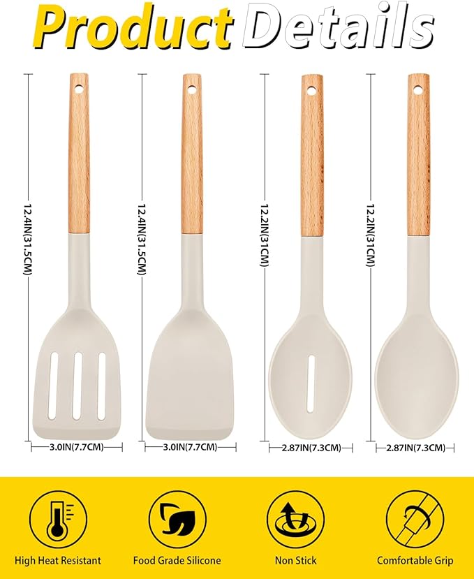 Pack of 4 Silicone Cooking Utensils Set, Non Stick Solid Spatulas and Heat Resistant Slotted Spoons with Wooden Handle, Ideal Wood Kitchen Utensils Set for Frying,Serving,Turning,Stirring (KHAKI)