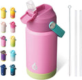 BJPKPK Insulated Water Bottle with Straw Lid, 12oz Thermos Water Bottles, Flex Handle & Non-slip Boot, BPA Free Leak Proof Stainless Steel Metal Thermos, Tumblers, Cups,Rose Pink