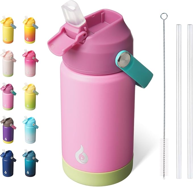 BJPKPK Insulated Water Bottle with Straw Lid, 12oz Thermos Water Bottles, Flex Handle & Non-slip Boot, BPA Free Leak Proof Stainless Steel Metal Thermos, Tumblers, Cups,Rose Pink