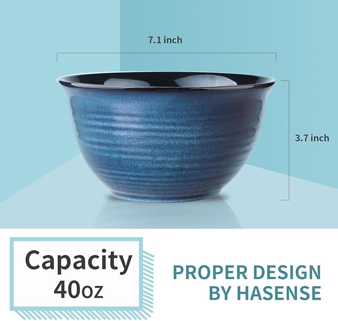 Hasense Ceramic Soup Bowls Set of 4, 40 Ounce Large Cereal Bowls for Kitchen, 7 Inch Serving Bowls for Salad Pasta Ramen Pho Popcorn, Dishwasher Microwave Safe, Navy Blue