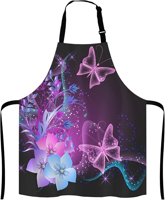 Purple Apron, Pink Purple Butterfly and Flowers Adjustable Bib Apron Kitchen Cooking Baking Gardening Apron for Women Men