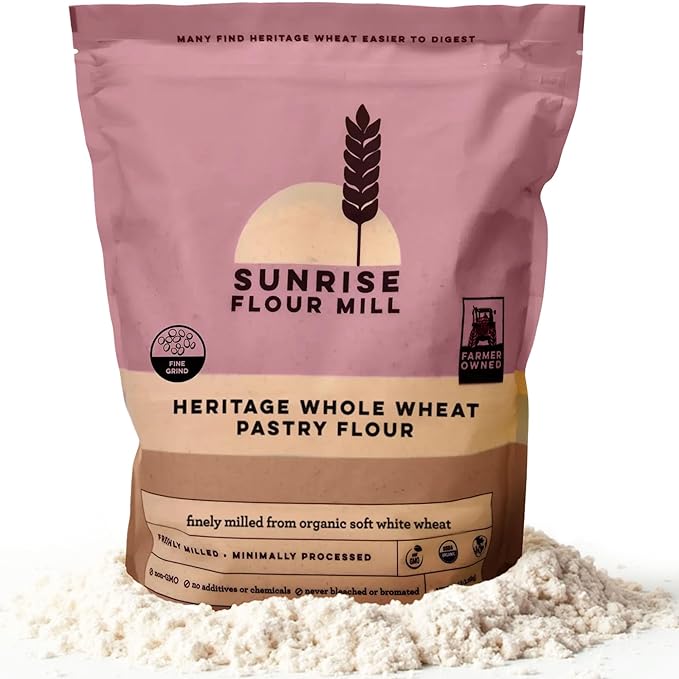 Sunrise Flour Mill USDA Organic Heritage Whole Wheat Pastry Flour - 2 lbs | Great for Gluten Sensitive People | Easier to Digest with Less Bloating | No Bleaching or Bromating | Zero Additives