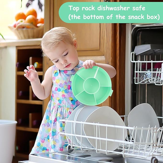Kids Reusable Rotating Snack Container with 5 Separate Compartments, Color Matching Opening Lid,BPA/PVC-Free, Dishwasher Safe, Perfect for Travel, School Lunches & On-the-Go Snacking-Green