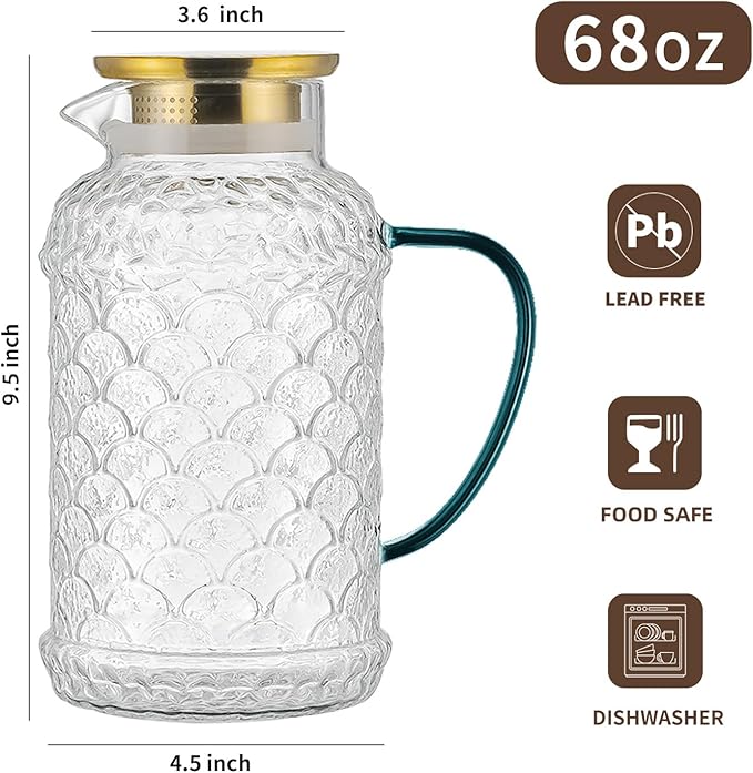 2 PACK Glass Pitcher with Lid,68 oz/2 Liter Fish Scale Design Water Pitcher,Clear Borosilicate Glass Water Carafe for Cold Brew, Coffee, Lemonade, Iced Tea,Heat Resistant Water Glass Jug