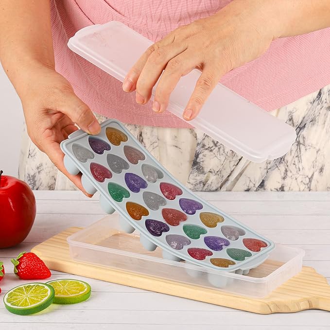 Heart Shaped Ice Cube Trays with Lid and Bins, Silicone Chocolate Mold, Easy Release Ice Trays, 24-Cavity Heart Molds for Ice Cubes, Gelatine, Baking and Candy