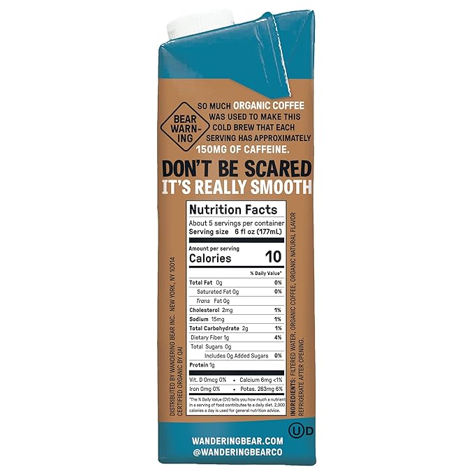 Wandering Bear Organic Cold Brew Coffee, Variety Pack, 32 fl oz (3pk - Black, Mocha, Vanilla) - Extra Strong, Bold, Smooth, Unsweetened, Shelf-Stable, Ready to Drink, Iced Cold Brewed Coffee Drinks