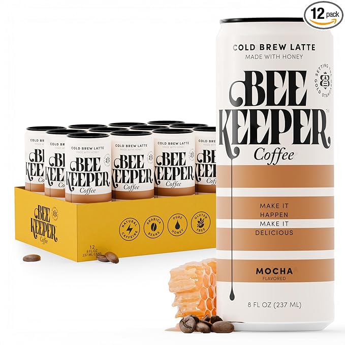 Beekeeper Coffee Cold Brew Mocha Latte with Oregon Honey, 8 fl oz cans (Pack of 12), Ready-to-Drink, 125mg Natural Caffeine