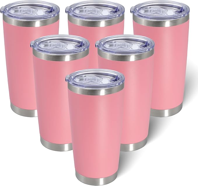 20oz Tumbler Bulk Stainless Steel Tumblers with Lid Vacuum Insulated Double Wall Travel Coffee Mug Powder Coated Tumbler Cup for Hot and Cold Drinks(Pink, 6 pack)