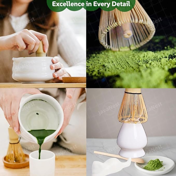 7-Piece Matcha Tea Set with Gift Card – 120-Prong Bamboo Whisk, Ceramic Bowl with Spout, Whisk Holder, Scoop, Spoon, Strainer & Scoop Holder – Ideal Gift for Matcha Lovers (White, 100-Prong)
