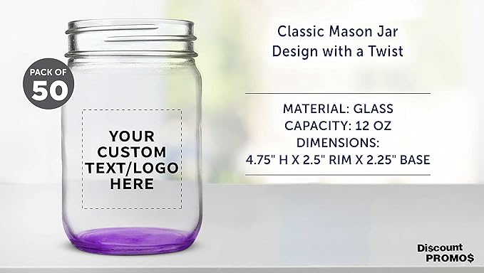 DISCOUNT PROMOS Custom Decorating Mason Jars 12 oz. Set of 50, Personalized Bulk Pack - Glass Jars for Overnight Oats, Candies, Fruits, Pickles, Spices, Beverages - Purple