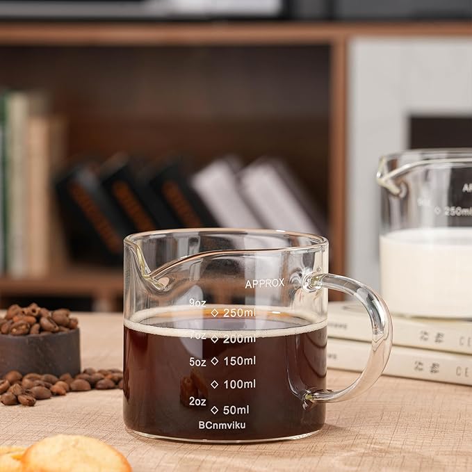 BCnmviku Espresso Cup Measuring Cup Triple Pitcher Milk Cup 250ML/8.5OZ Espresso Cups with Handle Shot Glass with V-Shaped Mouth Clear Accessories Milk Frothing Pitcher (1)