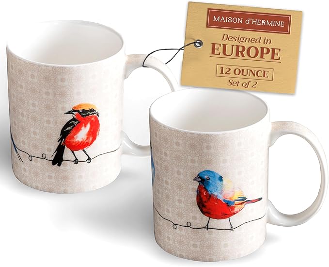 Maison d' Hermine Coffee Mug with Handles Fine Bone China Mugs Pack of Two Tea Cups for Hot Beverages Cappuccino Latte Home Restaurant Office Perfect for Gift (Birdies On Wire, 12 Ounce)