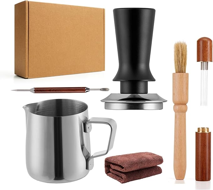 6pcs Espresso Tamper Set, Barista Tools Kit for Coffee Machine, Spring-Loaded 304 Stainless Steel Base 30lbs Coffee Calibrated Tamper kits for Enjoying cafes Home Office hotels(51mm)