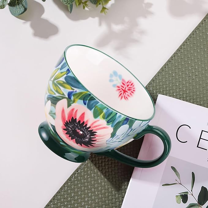 Vintage Flower Mugs – Large Ceramic Coffee Mug (15oz) – Cute Cereal Cup for Breakfast, Oatmeal Tea & Hot Drinks – Handmade Ceramic Cup with Floral Design