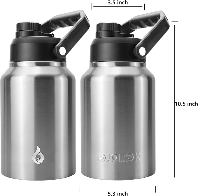 BJPKPK 64 oz Insulated Water Bottle, Dishwasher Safe Half Gallon Water Bottle with Ergonomic Handle, BPA Free Leak Proof Water Jug with Anti-slip Bottom, Stainless Steel Primary Color
