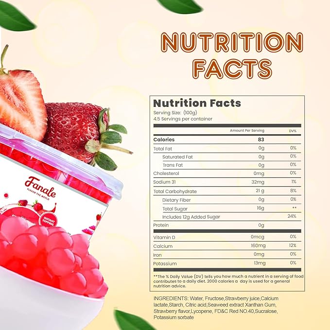 Fanale Strawberry Popping Boba Pearls, Vegan, Non GMO, Gluten Free, Fat Free, Perfect for Bubble Tea, Smoothies, Ice Cream, Desserts, and Beverages.
