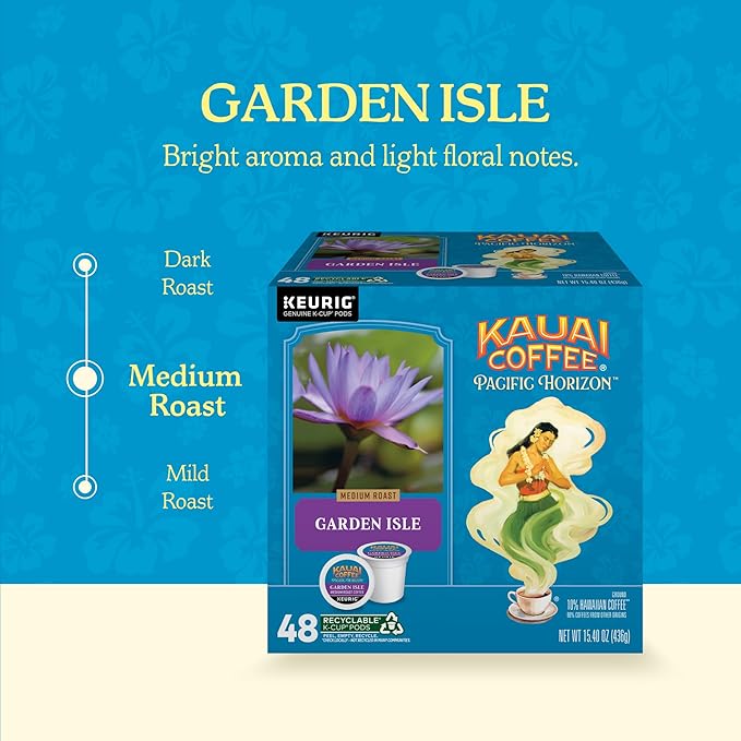Kauai Coffee K-Cup Pods for Keurig Brewers – Arabica Coffee, 10% Hawaiian – Medium Roast, Bright Aroma With Light Floral Notes – Garden Isle, 1 Pack of 48 Single Serve K-Cups