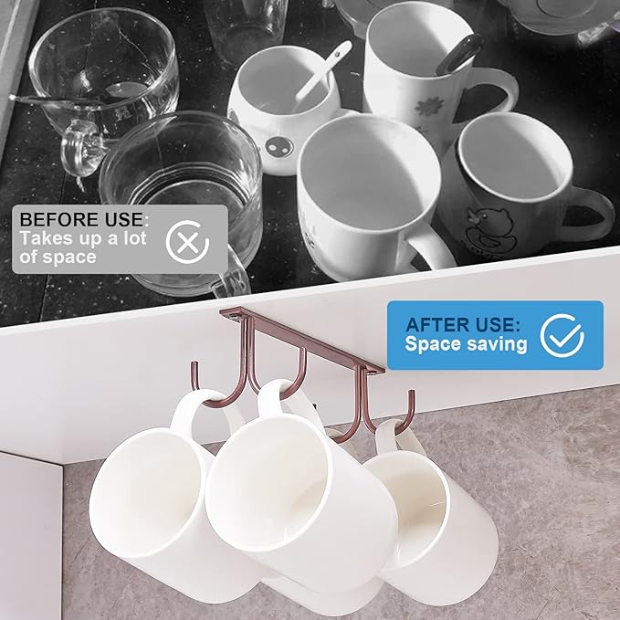 Mug Rack Under Cabinet - Coffee Cup Holder, 12 Mugs Hooks Under Shelf, Display Hanging Cups Drying Hook for Bar Kitchen Utensils Brown