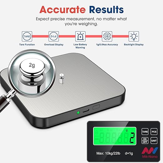 Mik-Nana Food Scale, 22lb Digital Kitchen Scale with 7 Units Wireless LCD Display & Tare Function, Stainless Steel Weight Grams and Ounces for Baking, Cooking and Meal Prep (Batteries Included)