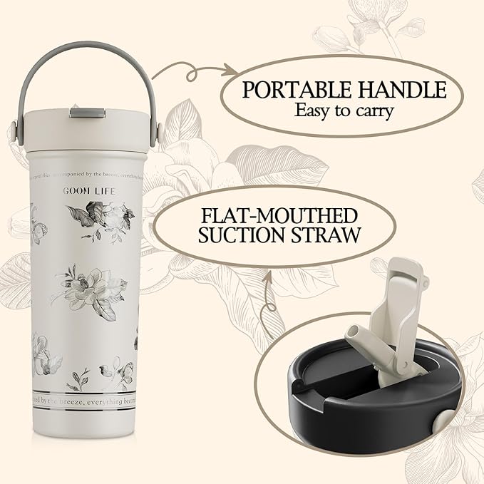 GOOM 20 oz Spill Proof Tumbler with Lid and Straw, Top Handle, Extended Tea Infuser, 18/10 Stainless Steel, Insulated Hot & Cold Brew Gifts for Mom Women Her, Teacher Gifts - Floral White
