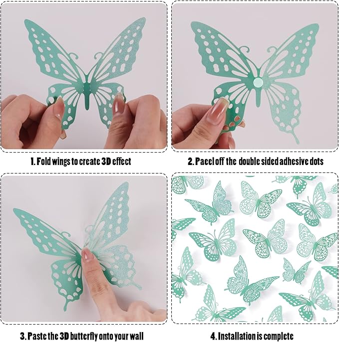 SAOROPEB 3D Butterfly Wall Decor 48 Pcs 4 Styles 3 Sizes, Butterfly Birthday Decorations&Butterfly Party Decorations&Butterfly Cake Decorations-Removable (Pale Turquoise)