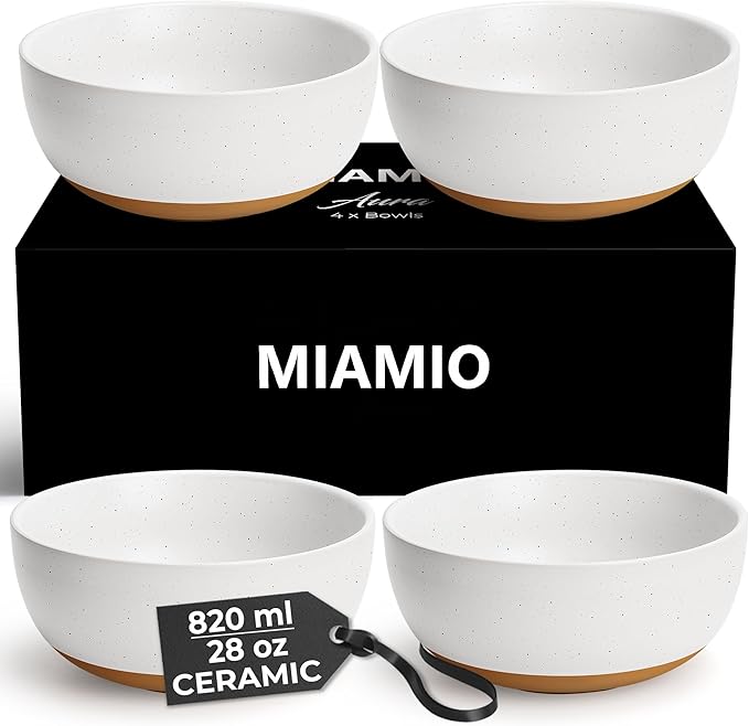 MIAMIO – Set of 4, 28 Ounce Ceramic Soup Bowls/Cereal Bowl Set for Salad, Oatmeal, Fruit, Rice – Dishwasher & Microwave Safe – Aura Collection (Creamy Cocoa, Bowls (4x))