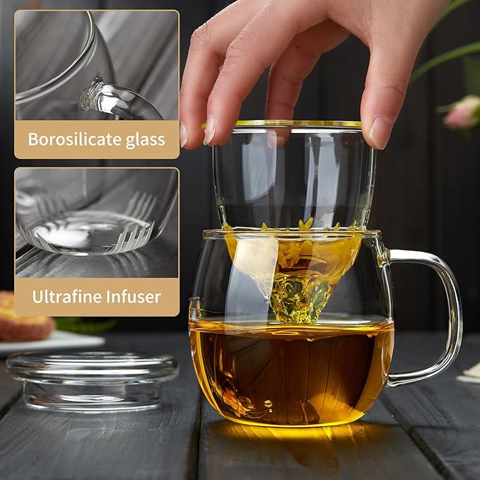 Glass Tea Cup with Infuser and Lid, 17oz/500ml Large Borosilicate Teacup, Clear Mug for Loose Leaf Tea, Blooming Tea, Tea Bags - Perfect Christmas or Birthday Gift for Women