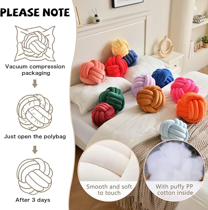 Decorative Throw Knot Pillow Ball for Home Chair Sofa Couch Bed Aesthetic Round Velvet Knotted Pillow Cushion (Hot Pink, 11 inches)
