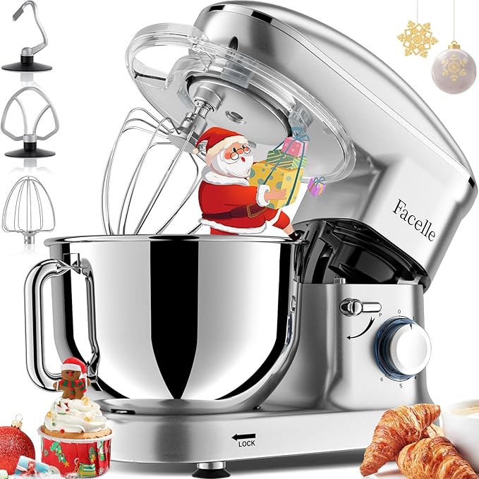Facelle Stand Mixer, Electric Kitchen Mixer, 6 Speed Tilt-Head Stand Mixer with Pulse, Attachments include 6.5QT Bowl, Dishwasher Safe Beater, Dough Hook, Whisk for Dough, Baking,Cakes, Cookie -Silver