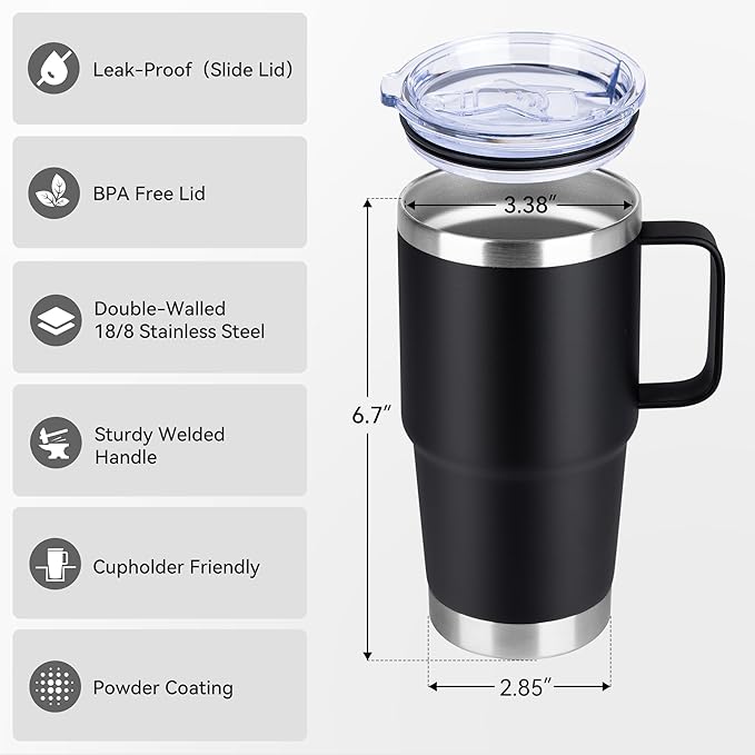 HASLE OUTFITTERS 20oz Tumbler Bulk with Lid, Stainless Steel Tumbler Bulk with Handle, Metal Insulated Travel Coffee Mug Set with Handle, Double Wall Vacuum Leak Proof Tumbler Cup, Black 12 Pack