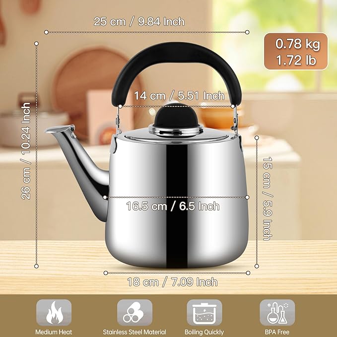 Tea Kettle,Whistling Tea kettle for Stove Top,3 QT Stainless Steel Teapot,Induction Tea Kettle Pot for Stovetop (2.85 L,Silver)