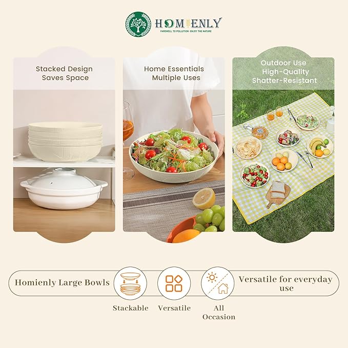 Homienly 65 oz Large Salad Bowls Wheat Straw Big Bowls 10 inch Serving Bowls Wheat Straw Plates Bowls Set of 6 Wide and Shallow Bowls for Kitchen Dishwasher Safe-Beige