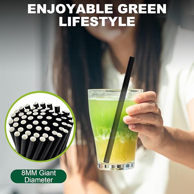 5.75 inch 8mm Wide Short Black Paper Drinking Straws Disposable for Lowball Glasses, Blended Cocktails, Margaritas, Bars, Restaurants - Unwrapped [250 Counts]